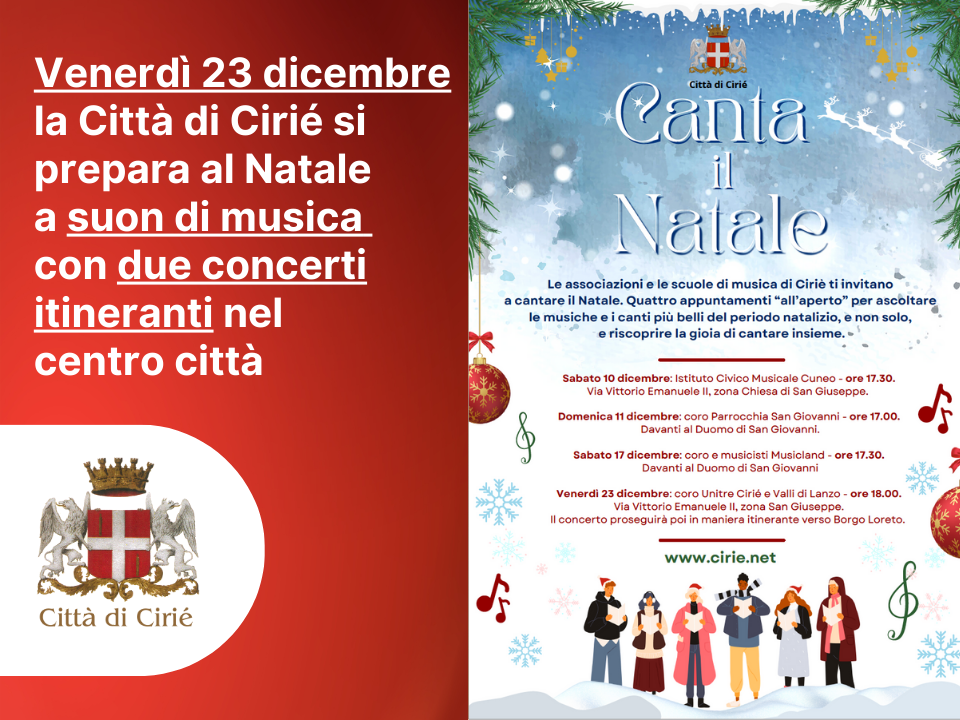 Venerdì 23 dicembre la Città di Cirié si prepara al Natale a suon di musica 