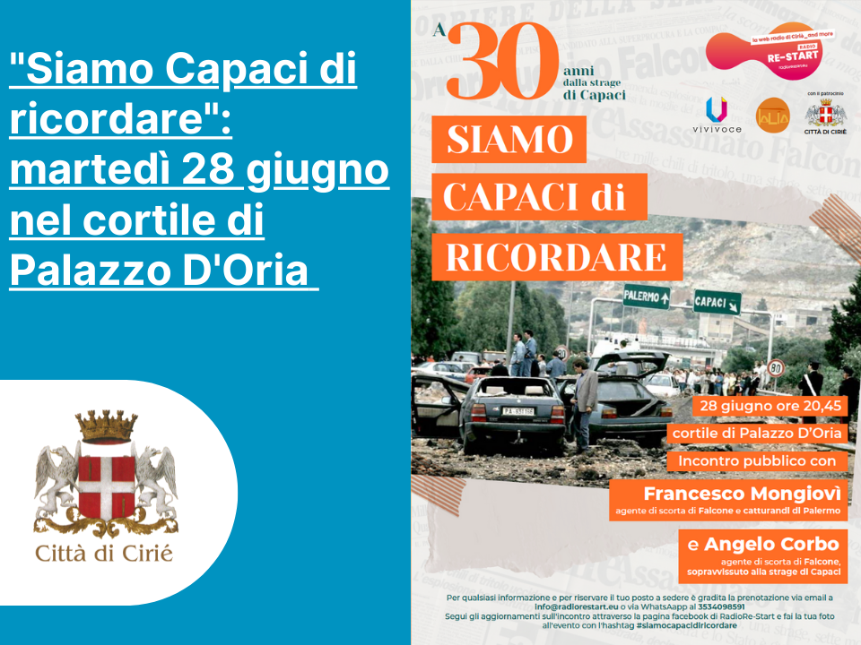 "Siamo Capaci di ricordare": martedì 28 giugno a Palazzo D'Oria 