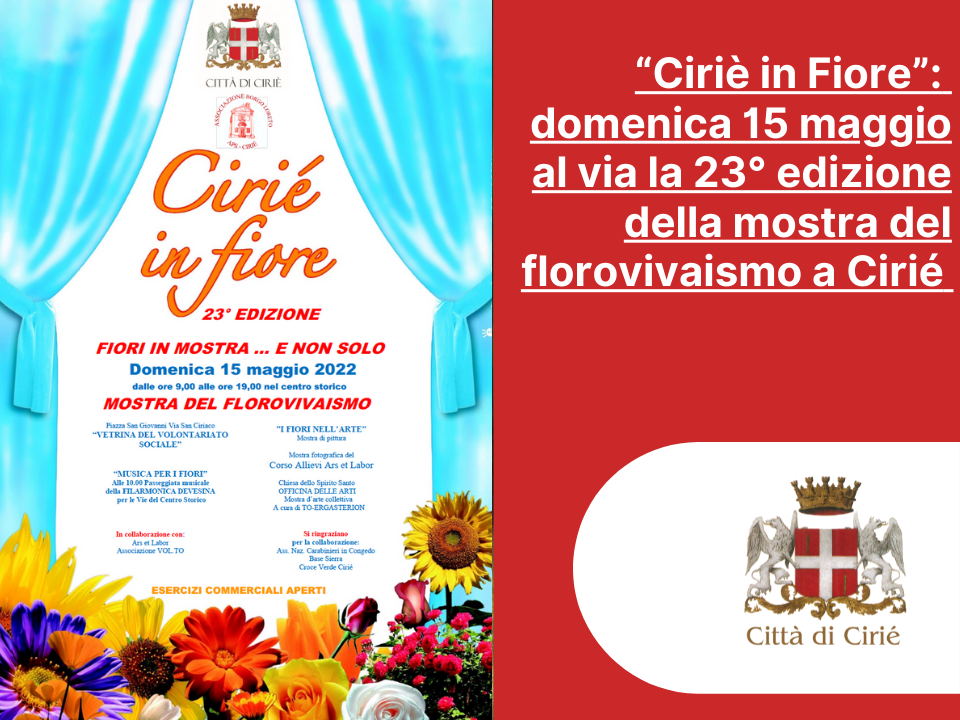 “Ciriè in Fiore”: domenica 15 maggio al via la 23° edizione 