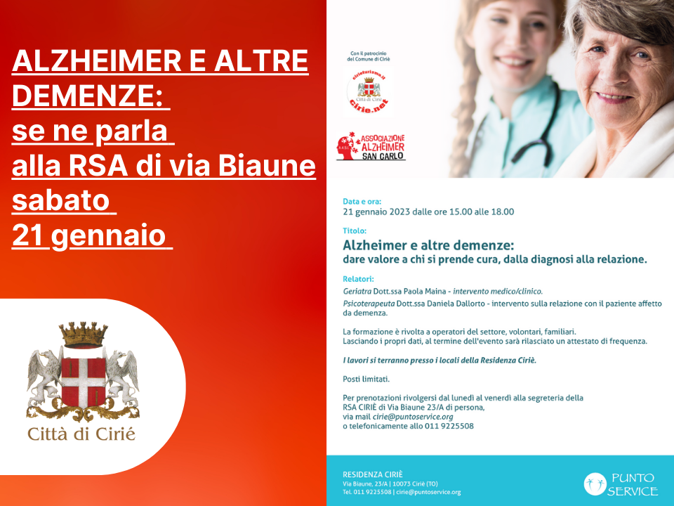 Alzheimer e altre demenze: se ne parla alla RSA di via Biaune sabato 21 gennaio 