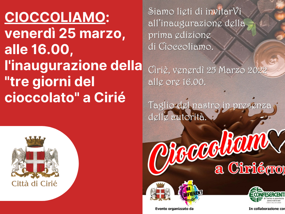 Cioccoliamo: domani, alle 16.00, l'inaugurazione della "tre giorni del