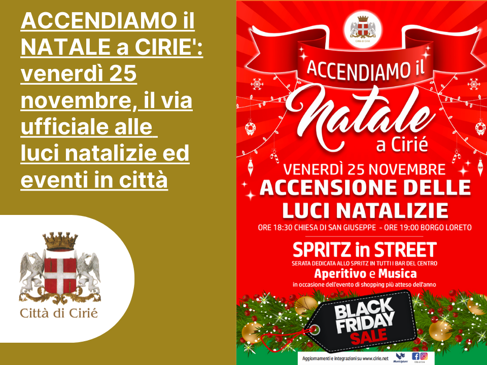 "Accendiamo il Natale a Cirié": venerdì 25 novembre, il via ufficiale alle luci natalizie ed eventi in città 