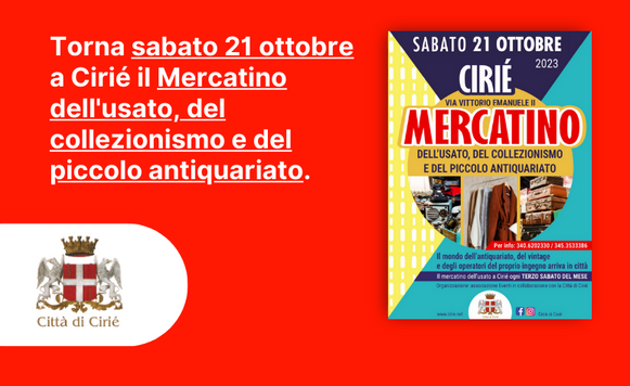 Torna sabato 21 ottobre a Cirié il Mercatino dell'usato, del collezionismo e del piccolo antiquariato