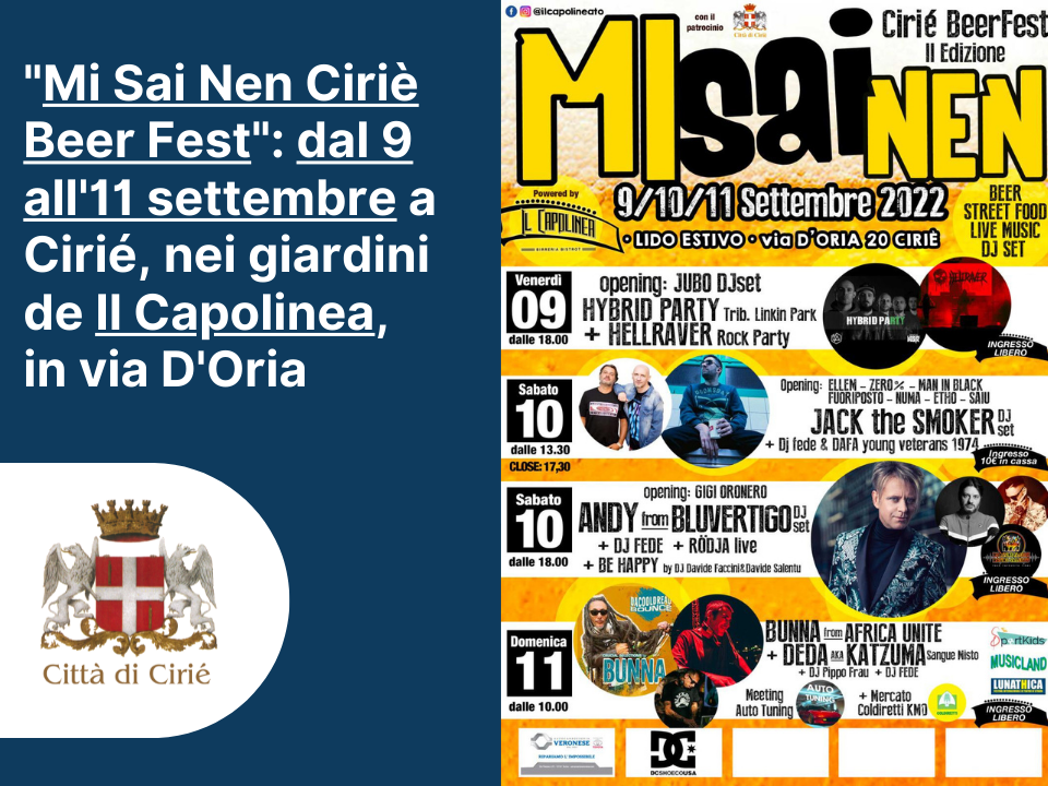 "Mi Sai Nen Ciriè Beer Fest": dal 9 all'11 settembre a Cirié