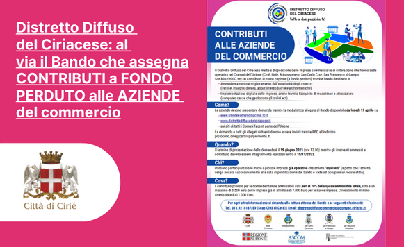 "Distretto Diffuso del Ciriacese: tutto a due passi da te". Al via il Bando che assegna contributi a fondo perduto alle aziende del commercio