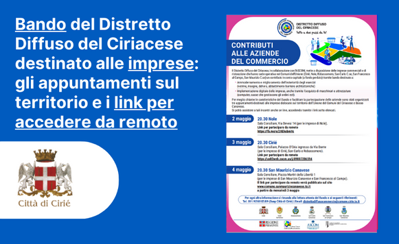 Bando del Distretto Diffuso del Ciriacese destinato alle imprese: gli appuntamenti sul territorio e i link per accedere da remoto   