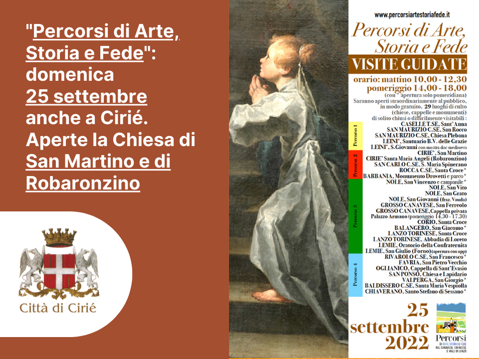 "Percorsi di Arte, Storia e Fede": domenica 25 settembre anche a Cirié