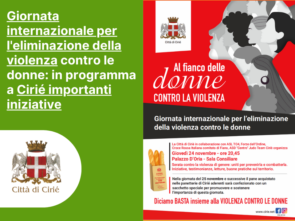 Giornata internazionale per l'eliminazione della violenza contro le donne: in programma a Cirié importanti iniziative