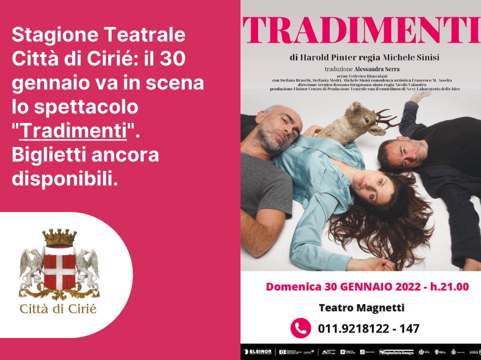 Stagione Teatrale Città di Cirié: il 30 gennaio va in scena lo spettacolo "Tradimenti"