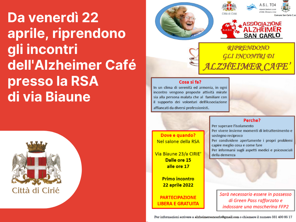 Da venerdì 22 aprile, riprendono gli incontri dell'Alzheimer Café