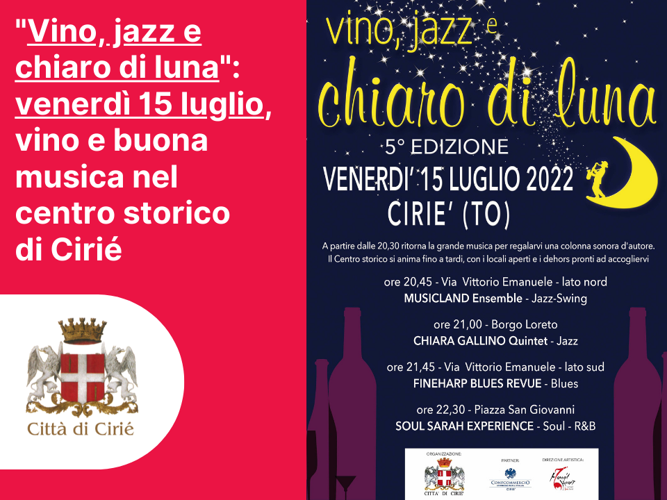 "Vino, jazz e chiaro di luna": venerdì 15 luglio a Cirié