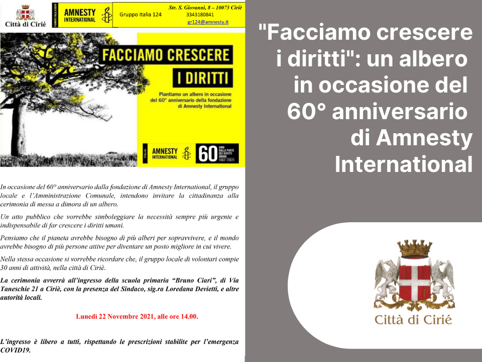 Amnesty International: un albero per festeggiare i suoi primi 60 anni 