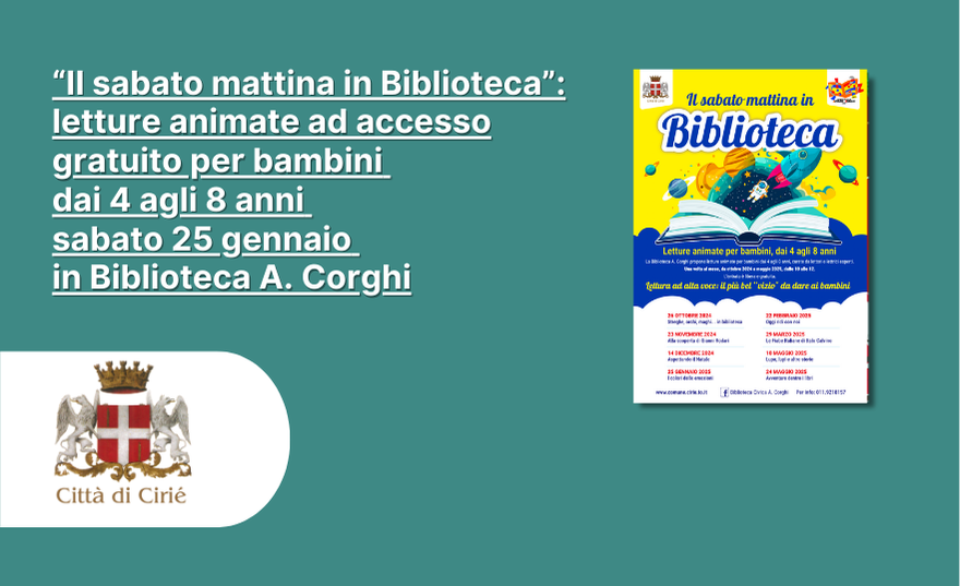 “Il sabato mattina in Biblioteca”: letture animate per bambini dai 4 agli 8 anni sabato 25 gennaio in Biblioteca A. Corghi