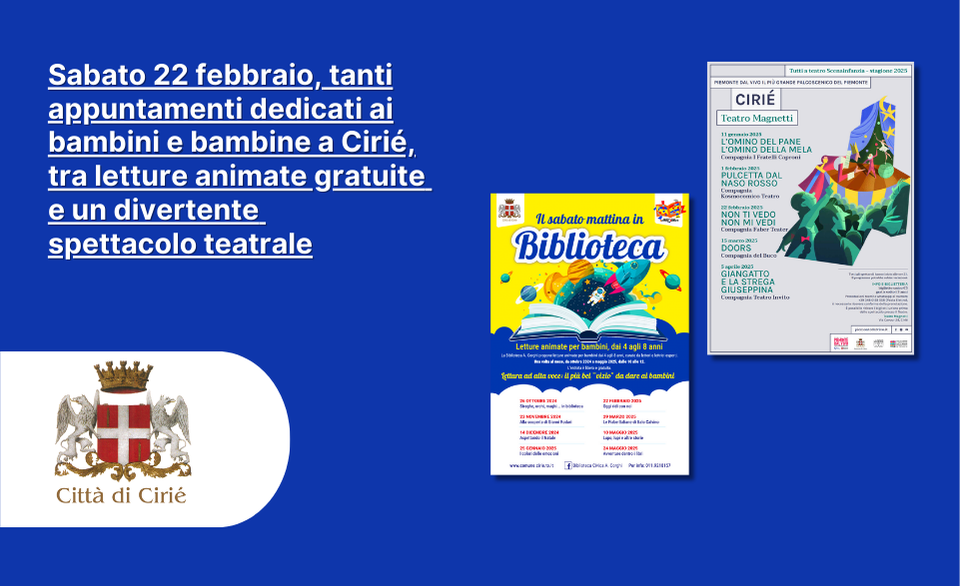 Sabato 22 febbraio, tanti appuntamenti dedicati ai bambini a Cirié, tra letture animate e teatro