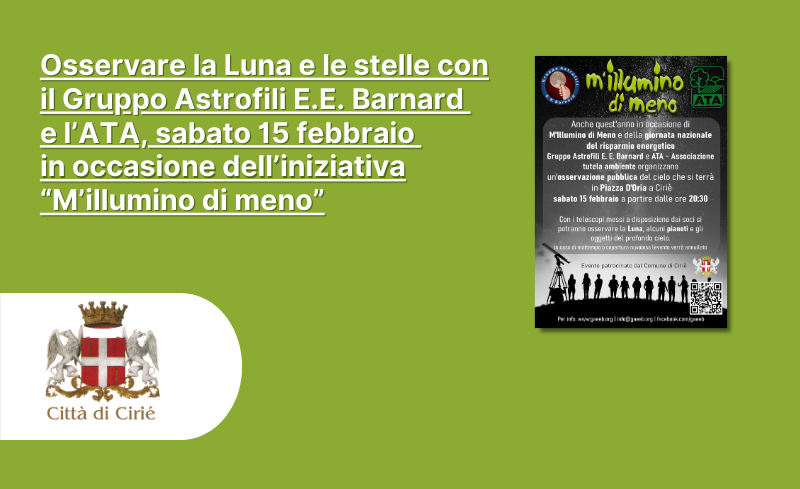 Osservare la Luna e le stelle con il Gruppo Astrofili E.E. Barnard e l’ATA sabato 15 febbraio in occasione dell’iniziativa “M’illumino di meno” 