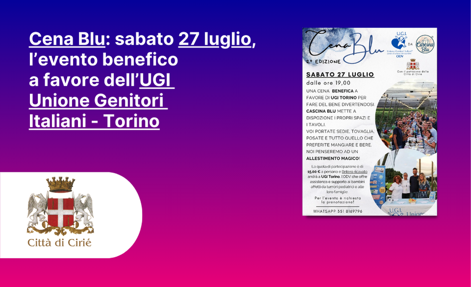 Cena Blu: sabato 27 luglio, l’evento benefico a favore dell’UGI - Unione Genitori Italiani Torino