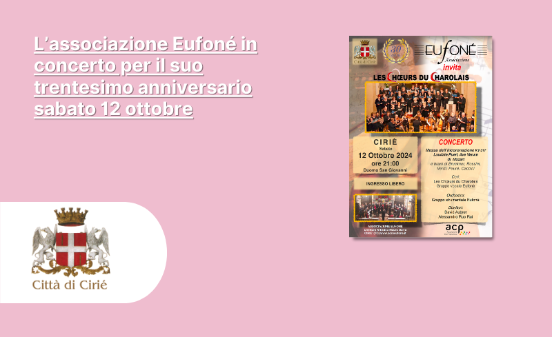 L’associazione Eufoné in concerto per il suo trentesimo anniversario sabato 12 ottobre