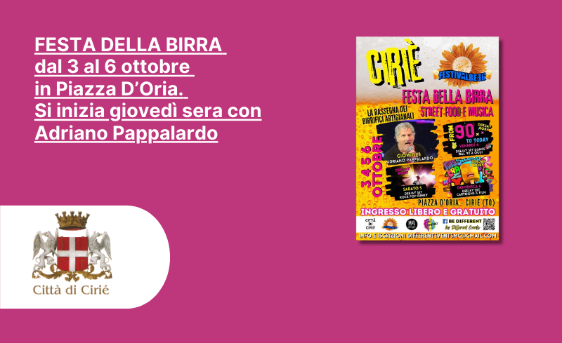 Festa della Birra dal 3 al 6 ottobre in Piazza D’Oria. Si inizia giovedì sera con Adriano Pappalardo