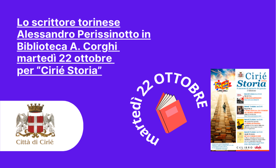 Lo scrittore torinese Alessandro Perissinotto in Biblioteca A. Corghi martedì 22 ottobre per “Cirié Storia”