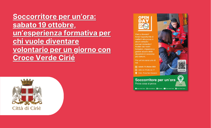 Soccorritore per un’ora: sabato 19 ottobre, un’esperienza formativa per chi vuole diventare volontario per un giorno con Croce Verde Cirié