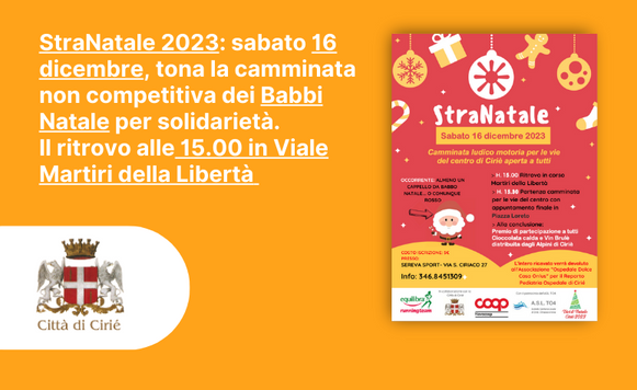 StraNatale 2023: sabato 16 dicembre torna a Ciriè la camminata non competitiva dei Babbi Natale