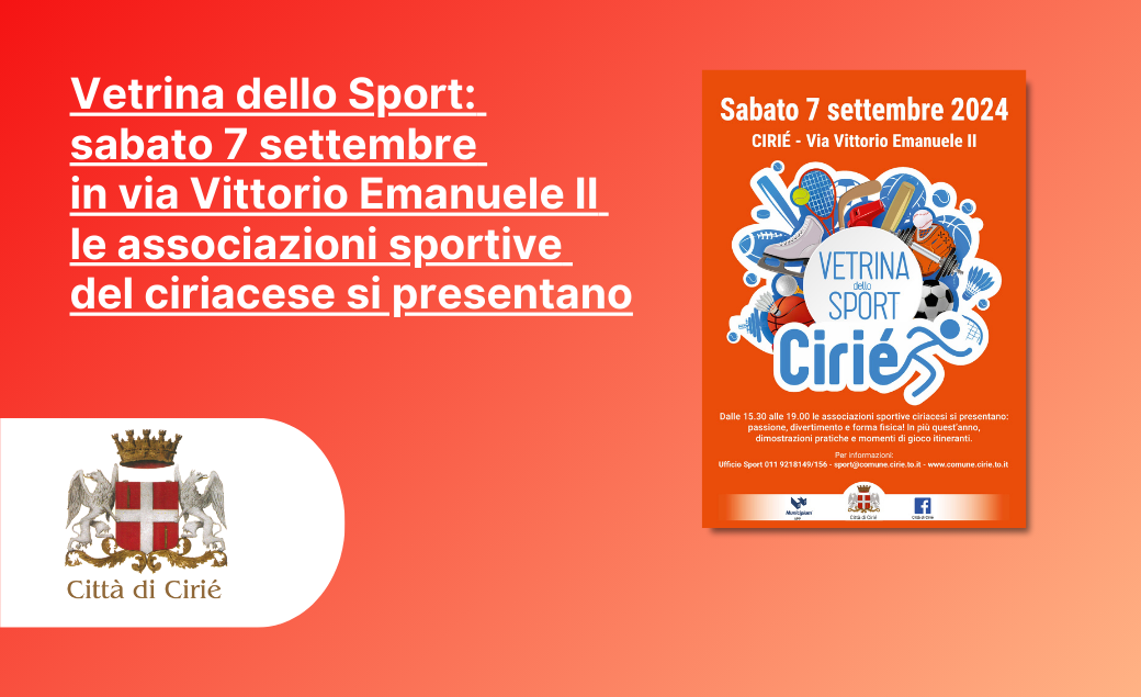 Vetrina dello Sport: sabato 7 settembre in via Vittorio Emanuele II le associazioni sportive del ciriacese si presentano