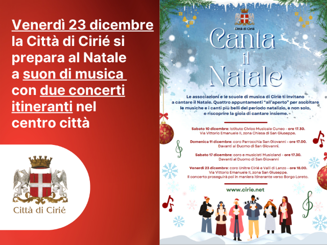 Venerdì 23 dicembre la Città di Cirié si prepara al Natale a suon di musica 