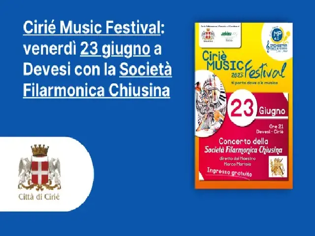 Cirié Music Festival: venerdì 23 giugno a Devesi con la Società Filarmonica Chiusina