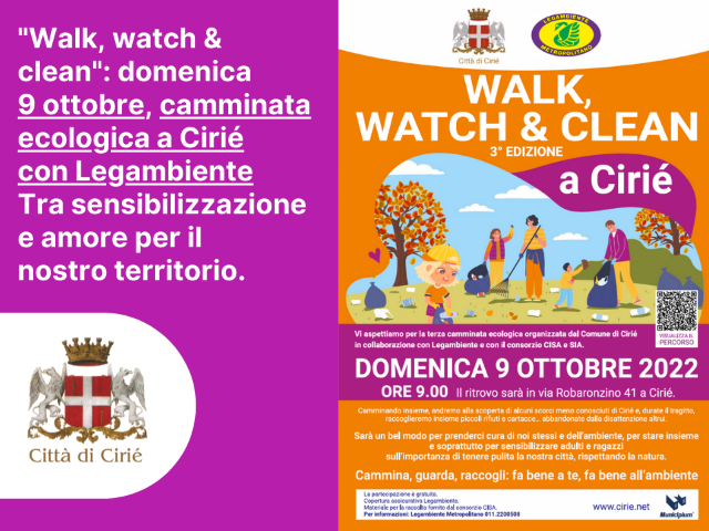 "Walk, watch & clean": domenica 9 ottobre, camminata ecologica a Cirié