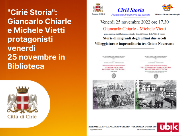  Cirié Storia: Giancarlo Chiarle e Michele Vietti protagonisti venerdì 25 novembre