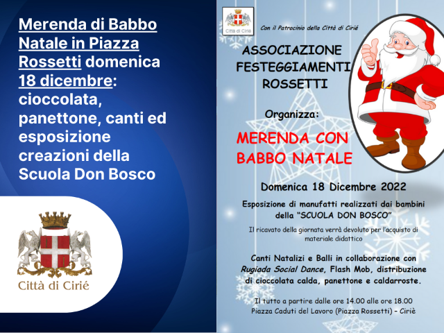 Merenda di Babbo Natale in Piazza Rossetti domenica 18 dicembre: cioccolata, panettone, canti ed esposizione creazioni della Scuola Don Bosco