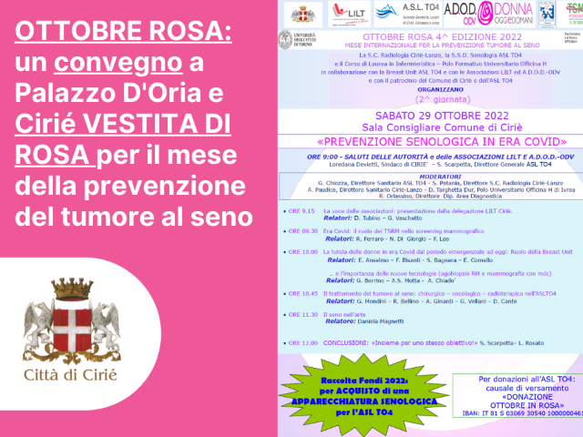 "Ottobre rosa": un convegno a Palazzo D'Oria e Cirié vestita di rosa per il mese della prevenzione del tumore al seno