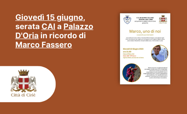 Giovedì 15 giugno, serata CAI a Palazzo D'Oria in ricordo di Marco Fassero
