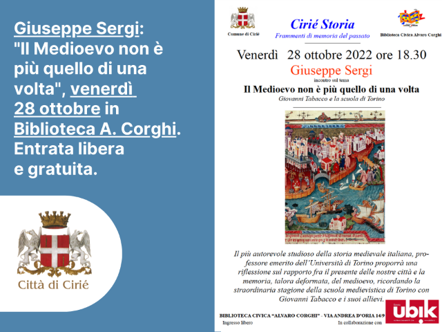 Giuseppe Sergi: "Il Medioevo non è più quello di una volta", venerdì 28 ottobre in Biblioteca A. Corghi