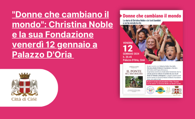 "Donne che cambiano il mondo": la Fondazione di Christina Noble venerdì 12 gennaio a Palazzo D'Oria in una serata dedicata alla solidarietà e alla vicinanza tra i popoli