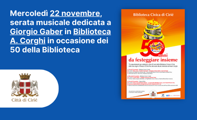 Mercoledì 22 novembre, in Biblioteca A. Corghi di via A. D'Oria, "G come Gaber"