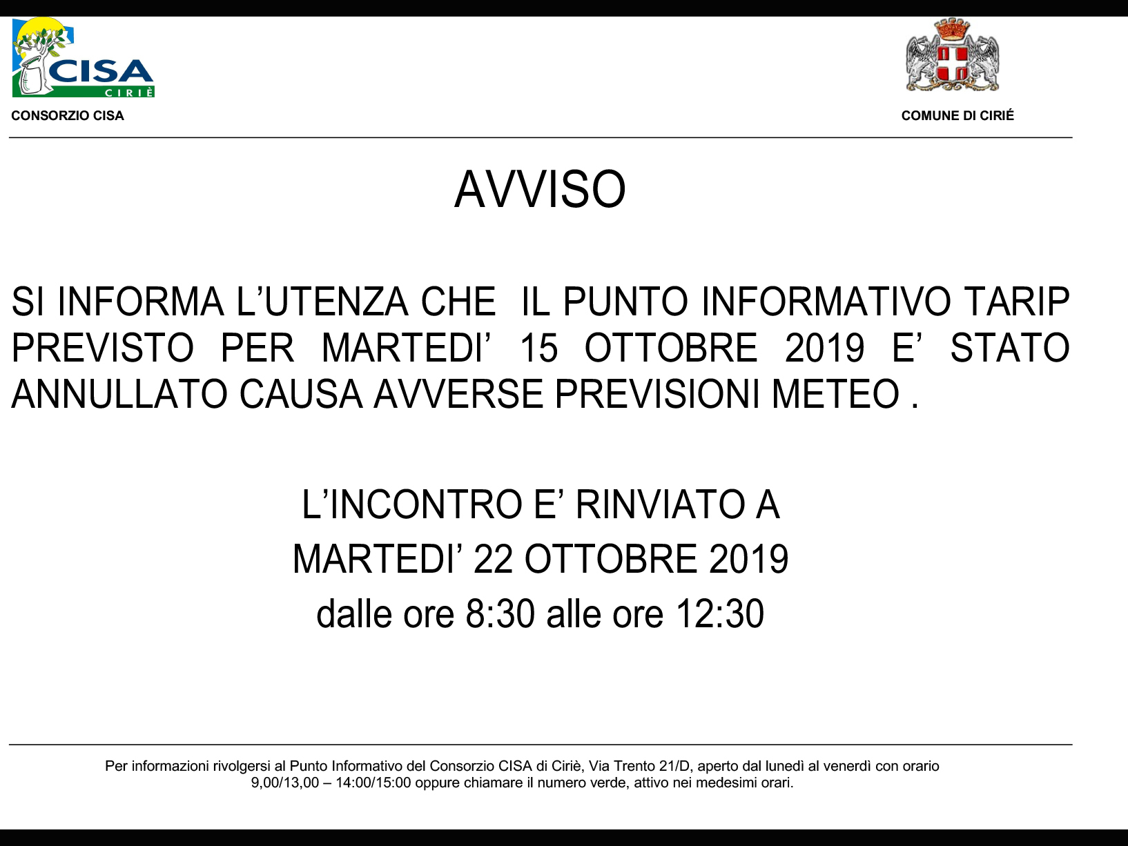 Punto informativo Cisa rinviato a martedì 22 ottobre 2019
