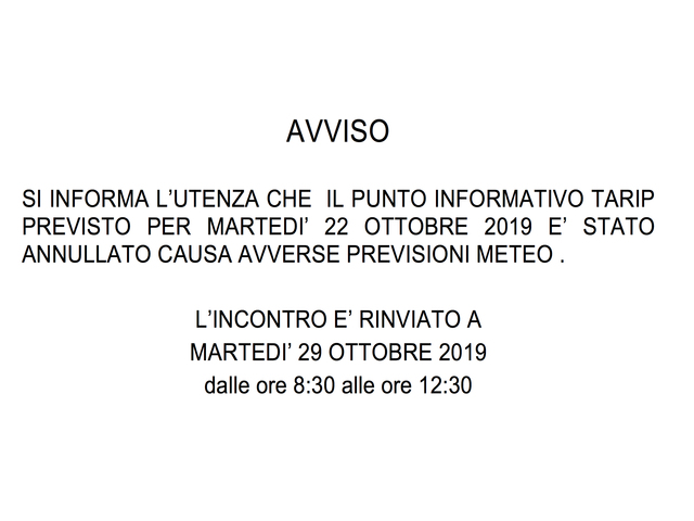 Punto informativo Cisa rinviato a martedì 29 ottobre 2019 