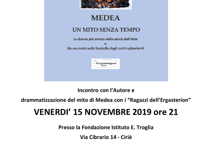 “Medea – Un libro senza tempo”: letteratura ed arte venerdì 15/11 all’Istituto Troglia 