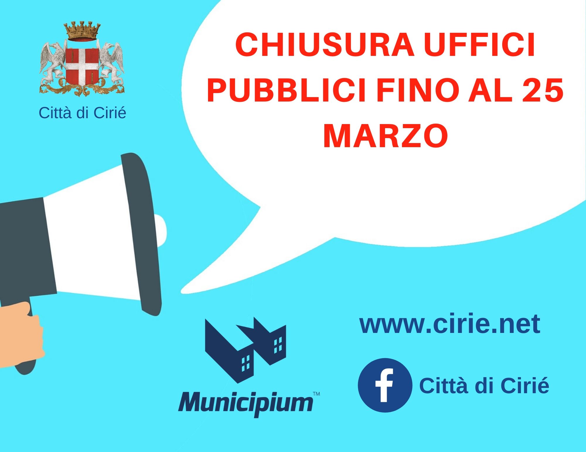 Modifiche operatività degli uffici comunali: chiusura da oggi e fino al 25 marzo incluso