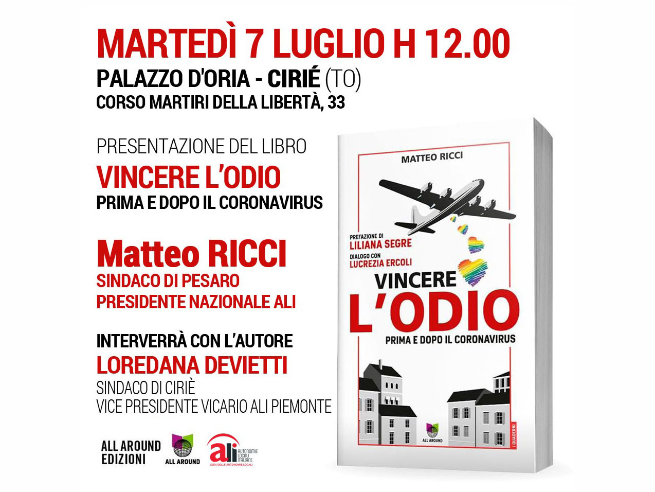 “Vincere l’odio – Prima e dopo il Coronavirus”: domani a Palazzo D’Oria la presentazione del volume scritto dal Presidente Nazionale ALI  