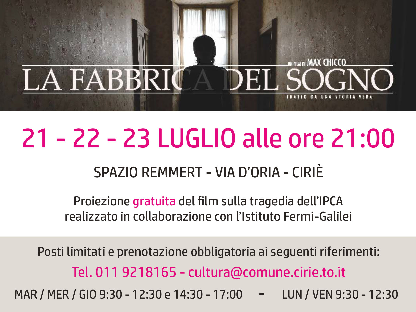 “La Fabbrica del Sogno” in proiezione all’Area Remmert dal 21 al 23 luglio