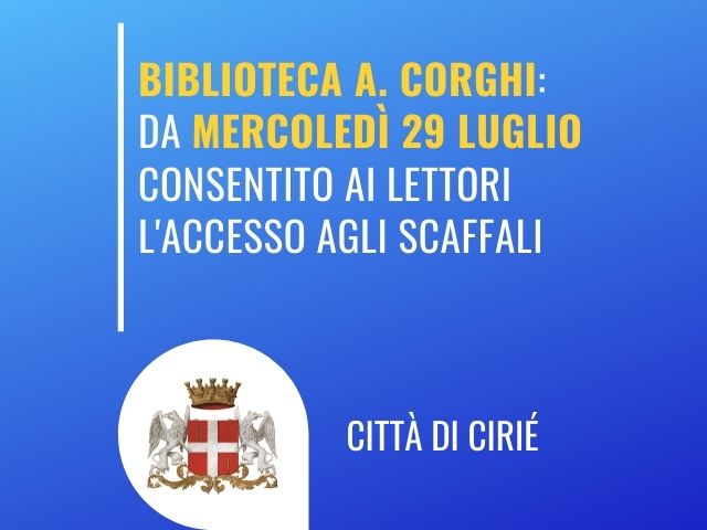 Biblioteca A. Corghi: da domani consentito accesso agli scaffali