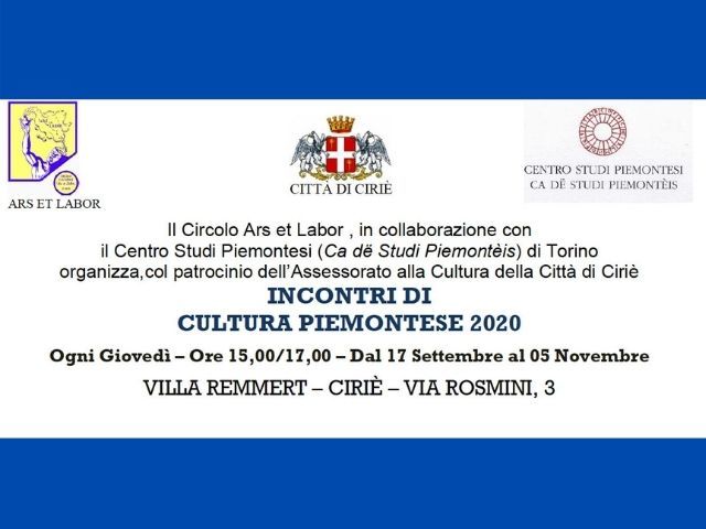 “Incontri di cultura piemontese 2020”: dal 17 settembre, a Villa Remmert