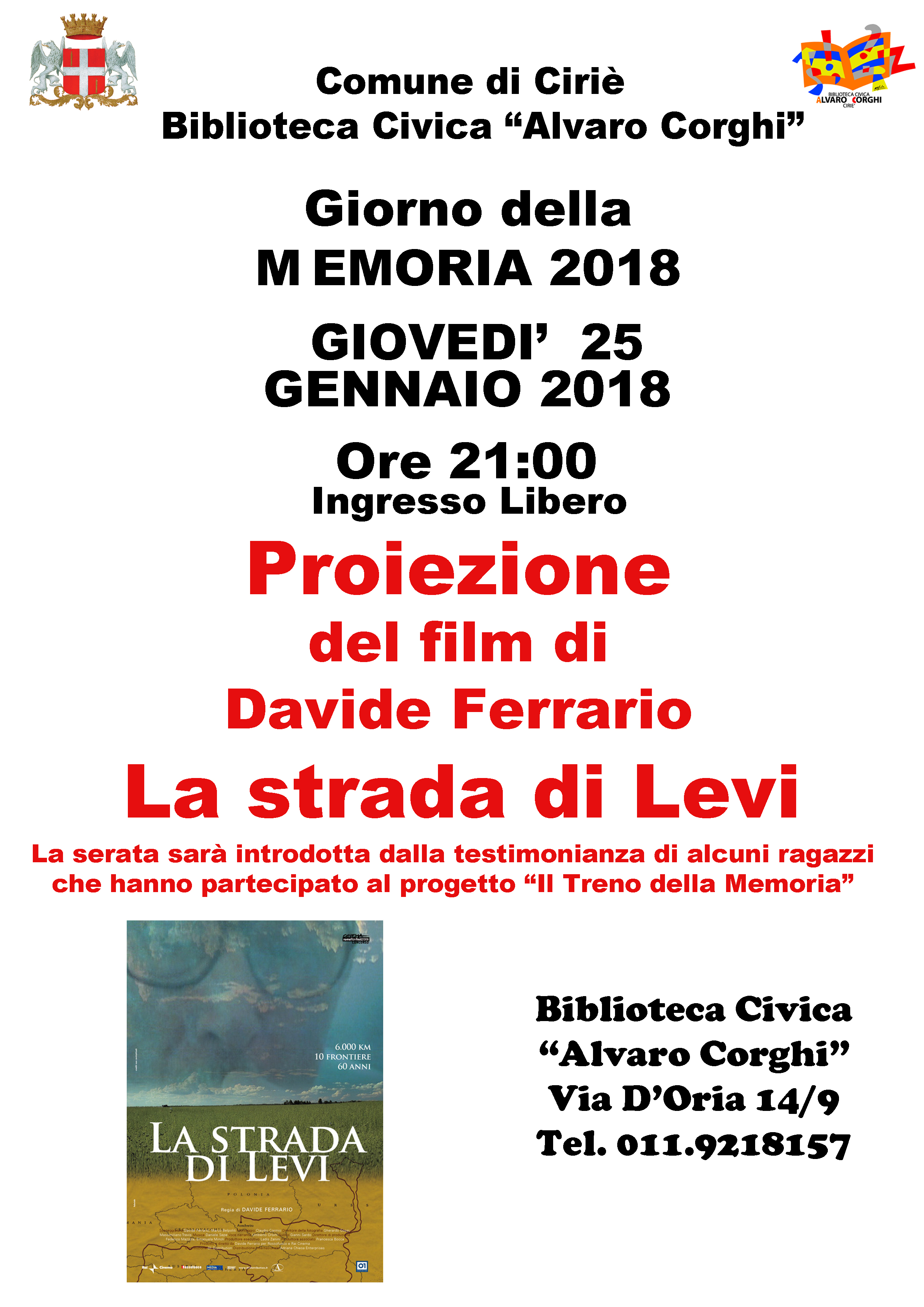 Giorno della Memoria 2018: Cirié lo ricorda giovedì 25 gennaio, con una serata in Biblioteca
