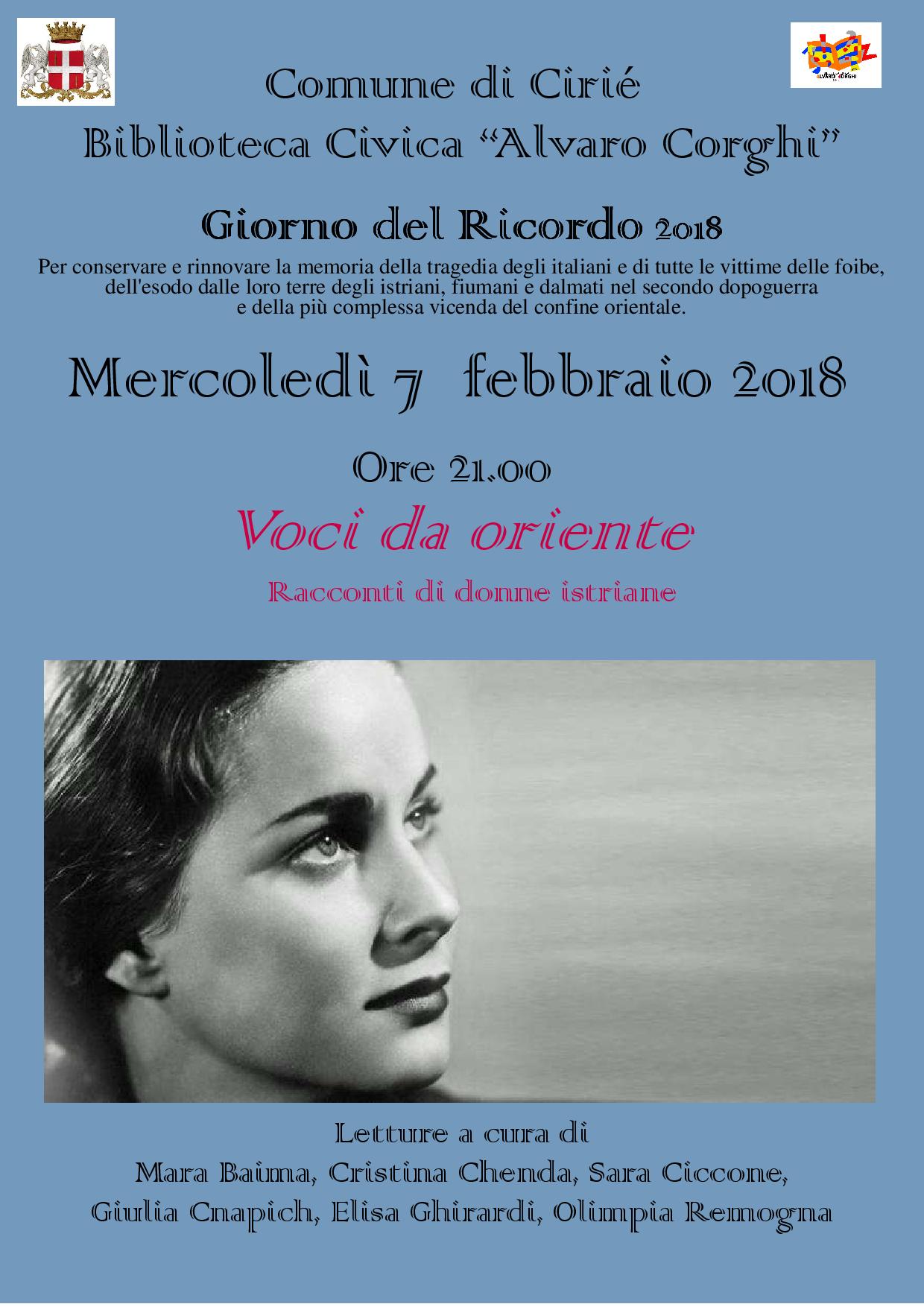 Giorno del Ricordo 2018: mercoledì 7 febbraio, serata presso la Biblioteca A. Corghi