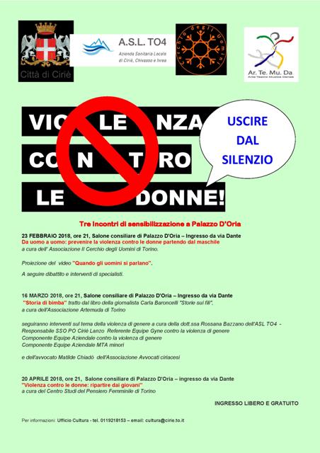 Cirié rende omaggio alle donne con una serata di sensibilizzazione a Palazzo D'Oria sulla violenza contro le donne Stasera, 23 febbraio 2018.