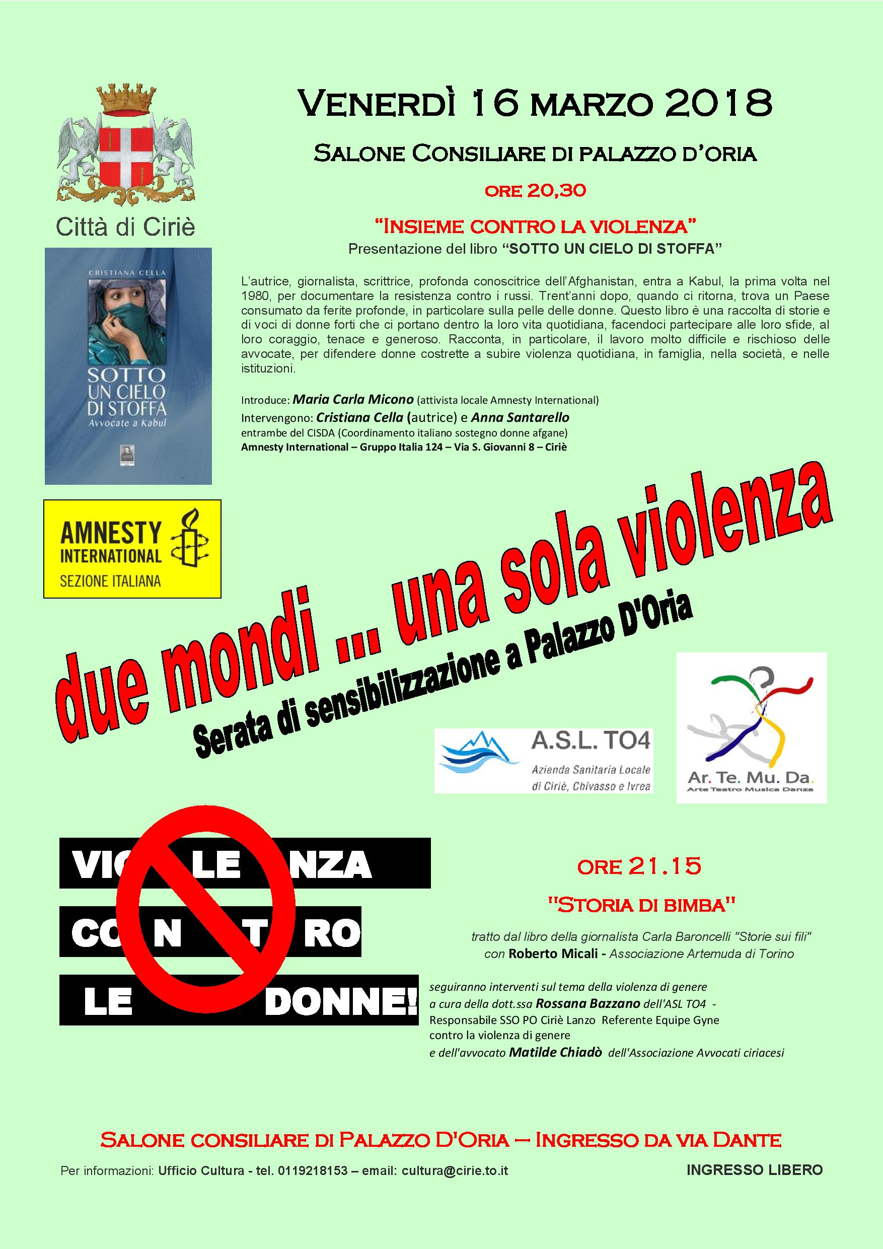 Venerdì 16 marzo, seconda serata sulla violenza di genere, con Amnesty International.