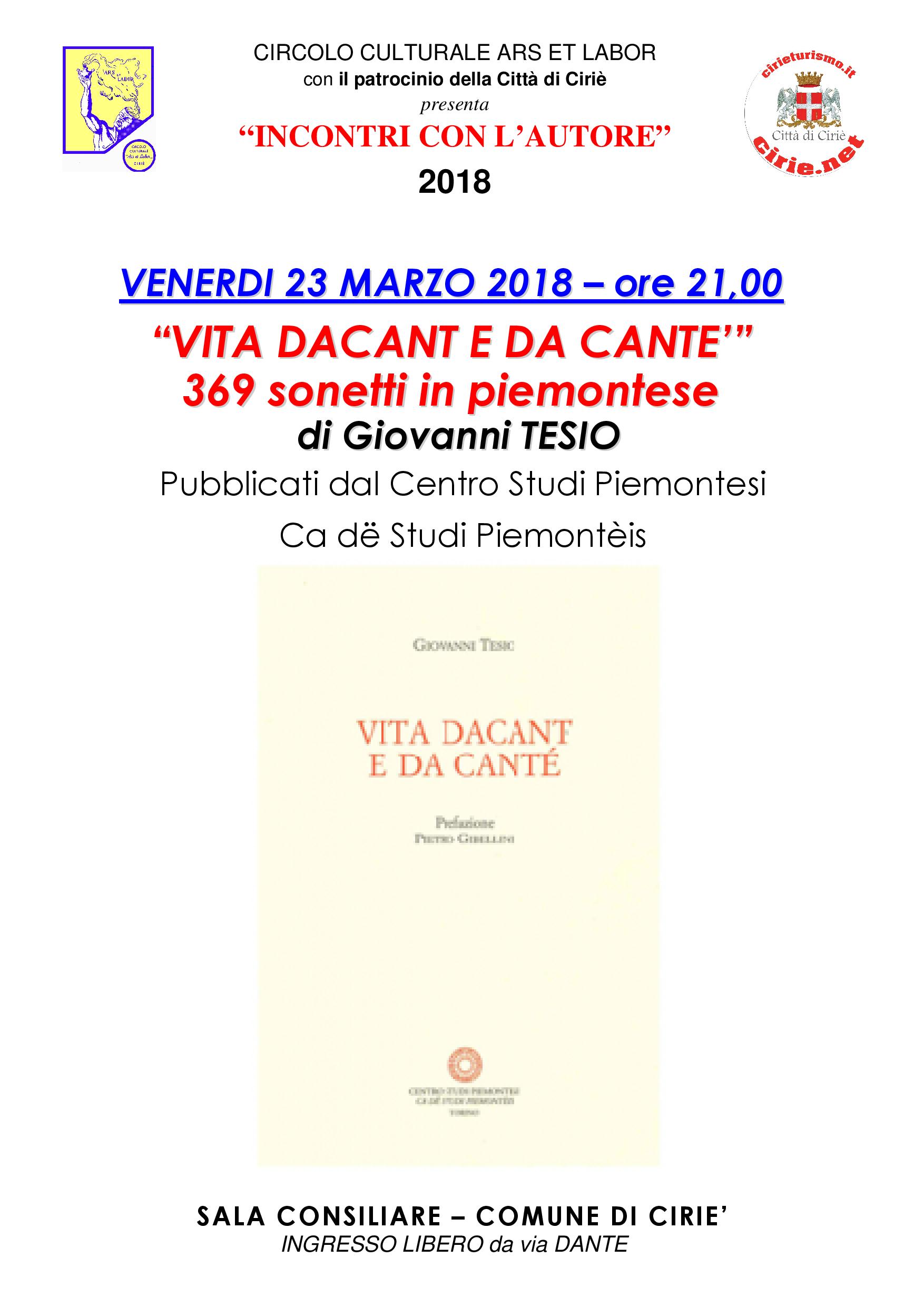 Incontri con l'autore 2018: venerdì 23 marzo, presentazione "Vita da cant e da cante'" in sala consiliare.