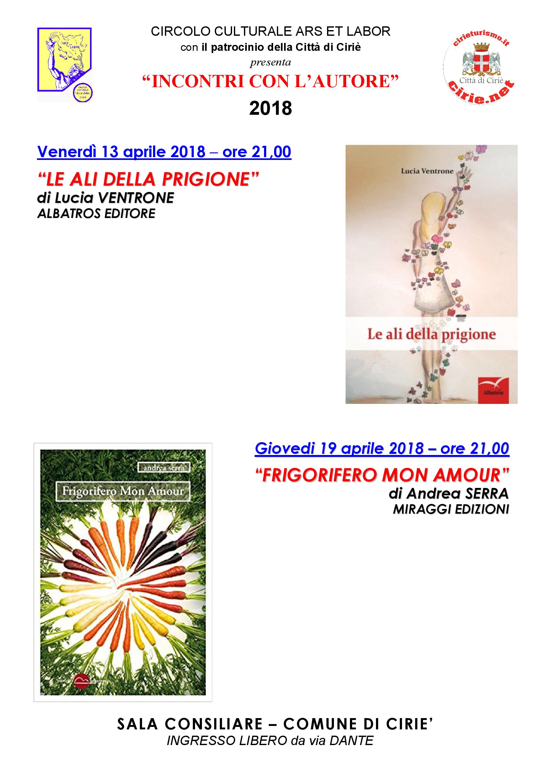 Incontri con l'Autore 2018: due gli appuntamenti di aprile